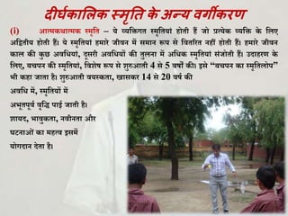 दीर्घकालिक स्मृति के अन्य िर्गीकिण
(i) आत्म थात्म स्मृकि – ये व्यकिगि स्मृकियािं होिी हैं जो प्रत्ये व्यकि े कलए
अकद्विीय होिी हैं। ये स्मृकियािं हमारे जीवन में समान रूप से कविररि नहीं होिी हैं। हमारे जीवन
ाल ी ु छ अवकियािं, दूसरी अवकियों ी िुलना में अकि स्मृकियािं सिंजोिी हैं। उदाहरण े
कलए, बचपन ी स्मृकियािं, कविेष रूप से िुरुआिी 4 से 5 वषों ी। इसे “बचपन ा स्मृकिलोप”
भी हा जािा है। िुरुआिी वयस् िा, खास र 14 से 20 वषघ ी
अवकि में, स्मृकियों में
अभूिपूवघ वृकद्ध पाई जािी है।
िायद, भावु िा, नवीनिा और
र्टनाओिं ा महत्व इसमें
योगदान देिा है।
 