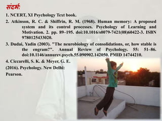 सांदभघ:
1. NCERT, XI Psychology Text book.
2. Atkinson, R. C. & Shiffrin, R. M. (1968). Human memory: A proposed
system and its control processes. Psychology of Learning and
Motivation. 2. pp. 89–195. doi:10.1016/s0079-7421(08)60422-3. ISBN
9780125433020.
3. Dudai, Yadin (2003). "The neurobiology of consolidations, or, how stable is
the engram?". Annual Review of Psychology. 55: 51–86.
doi:10.1146/annurev.psych.55.090902.142050. PMID 14744210.
4. Ciccarelli, S. K. & Meyer, G. E.
(2016). Psychology. New Delhi:
Pearson.
 