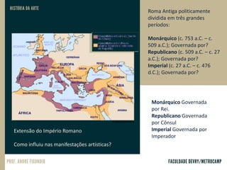 Roma Antiga politicamente
dividida em três grandes
períodos:
Monárquico (c. 753 a.C. – c.
509 a.C.); Governada por?
Republicano (c. 509 a.C. – c. 27
a.C.); Governada por?
Imperial (c. 27 a.C. – c. 476
d.C.); Governada por?
Monárquico Governada
por Rei.
Republicano Governada
por Cônsul
Imperial Governada por
Imperador
Extensão do Império Romano
Como influiu nas manifestações artísticas?
 