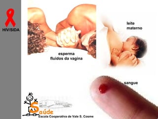 

leite
materno

HIV/SIDA

esperma
fluidos da vagina

sangue

Saúde

Escola Cooperativa de Vale S. Cosme

 