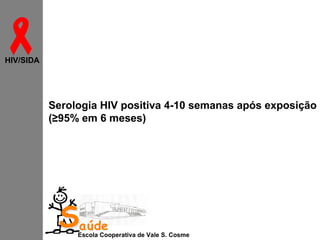 
HIV/SIDA

Serologia HIV positiva 4-10 semanas após exposição
(≥95% em 6 meses)

Saúde

Escola Cooperativa de Vale S. Cosme

 