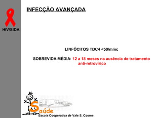 

INFECÇÃO AVANÇADA

HIV/SIDA

LINFÓCITOS TDC4 <50/mmc
SOBREVIDA MÉDIA: 12 a 18 meses na ausência de tratamento
anti-retrovírico

Saúde

Escola Cooperativa de Vale S. Cosme

 