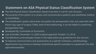 Performance Status Asa Comprehensive Overview of the ASA Physical Status Classification System ...