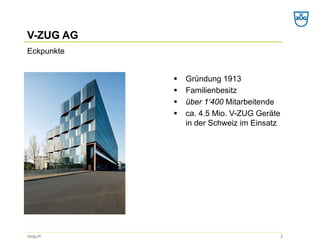 V-ZUG AG 
ƒ 
Gründung 1913 
ƒ 
Familienbesitz 
ƒ 
über 1‘400Mitarbeitende 
ƒ 
ca. 4.5 Mio. V-ZUG Geräte in der Schweiz im Einsatz 
Eckpunkte 
2 
vzug.ch  