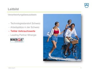 Leitbild 
Verantwortungsbewusstsein 
4 
www.vzug.ch 
- 
Technologiestandort Schweiz 
- 
Arbeitsplätze in der Schweiz 
- 
Tiefste Verbrauchswerte 
- 
Leading Partner Minergie  
