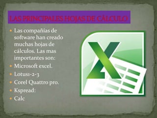  Las compañías de 
software han creado 
muchas hojas de 
cálculos. Las mas 
importantes son: 
 Microsoft excel. 
 Lotus1-2-3 
 Corel Quattro pro. 
 Kspread: 
 Calc 
 