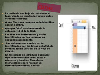  La celda de una hoja de cálculo es el 
lugar donde se pueden introducir datos 
o realizar cálculos. 
 A una fila y una columna se le identifica 
con un nombre. 
 ejemplo C4 (C es el nombre de la 
columna y 4 el de la fila). 
 Las filas son horizontales y están 
identificadas por los números en 
secuencia ascendente. 
 Las columnas en cambio están 
identificadas con las letras del alfabeto 
y van de forma vertical en la Hoja de 
Cálculo. 
 En las celdas se introduce cualquier 
tipo de información como texto o 
números, y también fórmulas o 
instrucciones para realizar un 
determinado cálculo o tarea. 
 