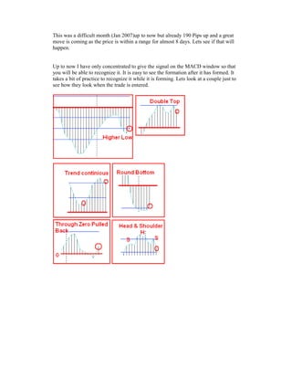 This was a difficult month (Jan 2007)up to now but already 190 Pips up and a great
move is coming as the price is within a range for almost 8 days. Lets see if that will
happen.
Up to now I have only concentrated to give the signal on the MACD window so that
you will be able to recognize it. It is easy to see the formation after it has formed. It
takes a bit of practice to recognize it while it is forming. Lets look at a couple just to
see how they look when the trade is entered.
 