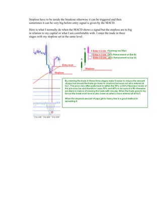 Stoploss have to be inside the breakout otherwise it can be triggered and then
sometimes it can be very big before entry signal is given by the MACD.
Here is what I normally do when the MACD shows a signal but the stoploss are to big
in relation to my capital or what I am comfortable with. I enter the trade in three
stages with my stoploss set at the same level.
 