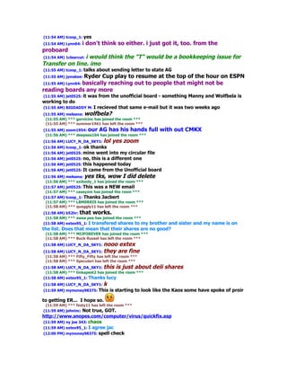 (11:54 AM) tcoop_1:   yes
(11:54 AM) Lynn64: i   don't think so either. i just got it, too. from the
proboard
(11:54 AM) 1clearcut: i would think the "T" would be a bookkeeping issue for
Transfer on line. imo
(11:55 AM) tcoop_1:   talks about sending letter to state AG
(11:55 AM) jymskee: Ryder Cup play to resume at the top of the hour on ESPN
(11:55 AM) Lynn64: basically reaching out to people that might not be
reading boards any more
(11:55 AM) jet0525: it   was from the unofficial board - something Manny and Wolfbela is
working to do
(11:55 AM) BIGDADDY M: I    recieved that same e-mail but it was two weeks ago
(11:55 AM) meleana: wolfbela?
 (11:55 AM) *** garvicinc has joined the room ***
 (11:55 AM) *** summer1961 has left the room ***
(11:55 AM) zoom1954: our AG has his hands            full with out CMKX
 (11:56 AM) *** deepsea104 has joined the room ***
(11:56 AM) LUCY_N_DA_SKY1: lol     yes zoom
(11:56 AM) tcoop_1: ok thanks
(11:56 AM) jet0525: mine went into my circular file
(11:56 AM) jet0525: no, this is a different one
(11:56 AM) jet0525: this happened today
(11:56 AM) jet0525: It came from the Unofficial board
(11:56 AM) meleana: yes tks, wow I did delete
 (11:56 AM) *** exitonly_1 has joined the room ***
(11:57 AM) jet0525: This was a NEW email
 (11:57 AM) *** caseyxm has joined the room ***
(11:57 AM) tcoop_1: Thanks Jacbert
 (11:57 AM) *** LBM0RRIS has joined the room ***
 (11:58 AM) *** queggly11 has left the room ***
(11:58 AM) b52hr: that works.
 (11:58 AM) *** swea pea has joined the room ***
(11:58 AM) extex95_1: I transfered shares to mybrother and sister and my name is on
the list. Does that mean that their shares are no good?
 (11:58 AM) *** MIJFOREVER has joined the room ***
 (11:58 AM) *** Buck Russel has left the room ***
(11:58 AM) LUCY_N_DA_SKY1: nooo extex
(11:58 AM) LUCY_N_DA_SKY1: they are fine
 (11:58 AM) *** Fifty_Fifty has left the room ***
 (11:58 AM) *** Speculari has left the room ***
(11:58 AM) LUCY_N_DA_SKY1: this is just about         deli shares
 (11:58 AM) *** tinkapest2 has joined the room ***
(11:58 AM) extex95_1: Thanks lucy
(11:58 AM) LUCY_N_DA_SKY1: k
(11:59 AM) mymoney98375: This     is starting to look like the Kaos some have spoke of proir

to getting ER... I hope so.
 (11:59 AM) *** festy11 has left the room ***
(11:59 AM) johninc: Not true, GOT.
http://www.snopes.com/computer/virus/quickfix.asp
(11:59 AM) ny joe 343: chaos
(11:59 AM) extex95_1: I agree jac
(12:00 PM) mymoney98375: spell check
 