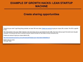 Create sharing opportunities!
EXAMPLE OF GROWTH HACKS: LEAN STARTUP
MACHINE
 