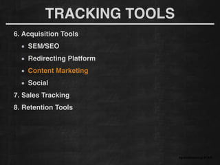 6. Acquisition Tools!
SEM/SEO
Redirecting Platform!
Content Marketing!
Social!
7. Sales Tracking!
8. Retention Tools!
#growthhackingLATAM
TRACKING TOOLS
 