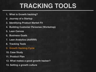 TRACKING TOOLS
1. What is Growth hacking?!
2. Journey of a Startup!
3. Identifying Product Market Fit!
4. Building Customer Personas (Workshop)!
5. Lean Canvas!
6. Business Goals!
7. Lean Analytics (AARRR)!
8. Tracking Tools !
9. Growth Hacking Cycle!
10. Case Study!
11. Product Plan!
12. What makes a good growth hacker?!
13. Setting a growth culture!
 