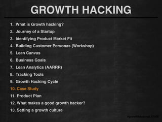 GROWTH HACKING
#growthhackingLATAM
1. What is Growth hacking?!
2. Journey of a Startup!
3. Identifying Product Market Fit!
4. Building Customer Personas (Workshop)!
5. Lean Canvas!
6. Business Goals!
7. Lean Analytics (AARRR)!
8. Tracking Tools !
9. Growth Hacking Cycle!
10. Case Study!
11. Product Plan!
12. What makes a good growth hacker?!
13. Setting a growth culture!
 