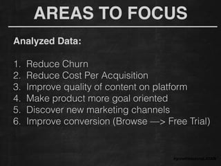 AREAS TO FOCUS
#growthhackingLATAM
Analyzed Data: !
!
1. Reduce Churn
2. Reduce Cost Per Acquisition
3. Improve quality of content on platform
4. Make product more goal oriented
5. Discover new marketing channels
6. Improve conversion (Browse —> Free Trial)
 