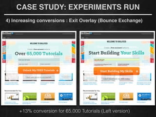CASE STUDY: EXPERIMENTS RUN
!
4) Increasing conversions : Exit Overlay (Bounce Exchange)
+13% conversion for 65,000 Tutorials (Left version)
 
