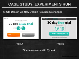 CASE STUDY: EXPERIMENTS RUN
6) Old Design v/s New Design (Bounce Exchange)
#growthhackingLATAM
2X conversions with Type A
Type A Type B
 