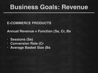 !
E-COMMERCE PRODUCTS!
!
Annual Revenue = Function {Se, Cr, Bs
!
• Sessions (Se)!
• Conversion Rate (Cr
• Average Basket Size (Bs
!
Business Goals: Revenue
 