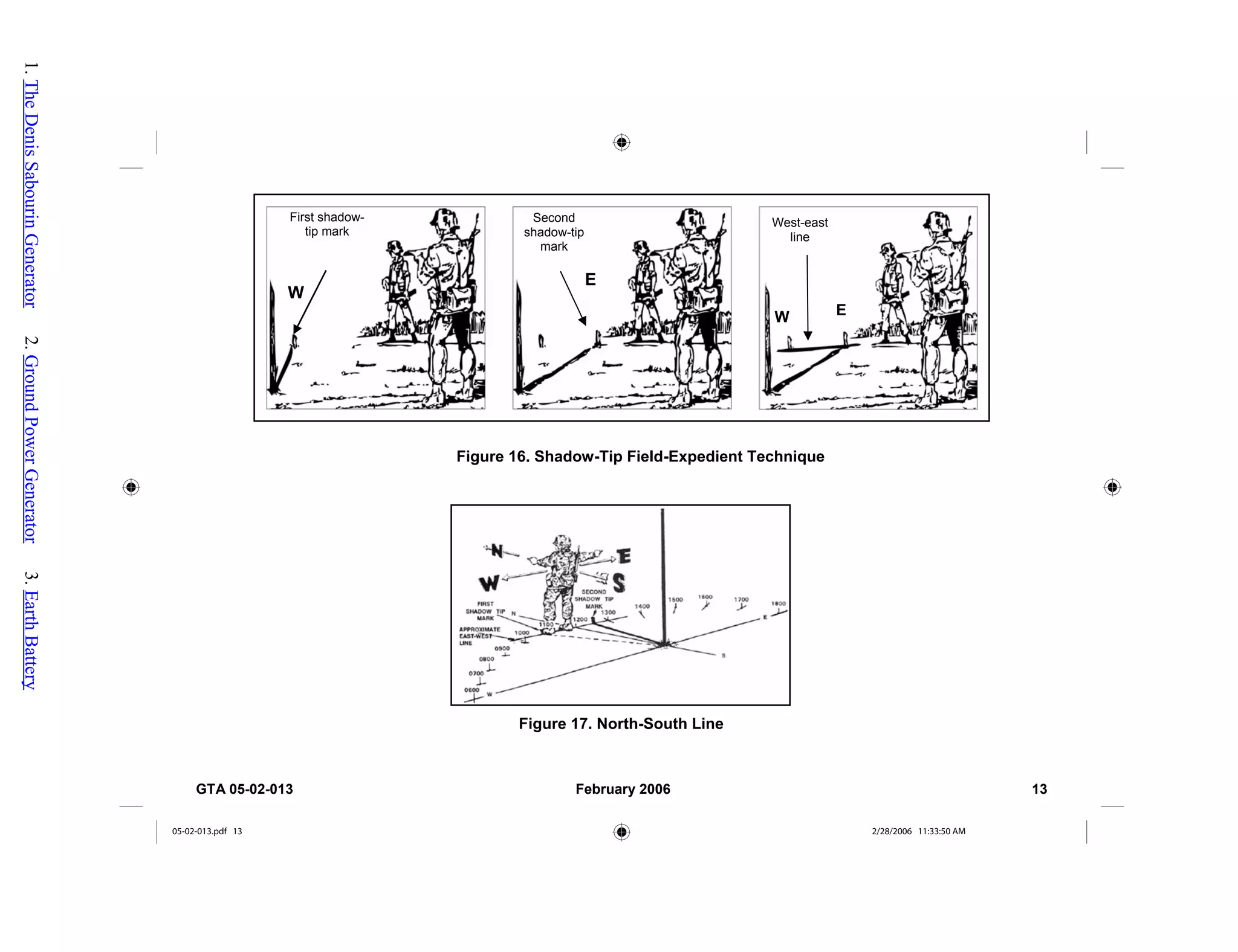 First shadow-
tip mark
Second
shadow-tip
mark
West-east
line
Figure 17. North-South Line
Figure 16. Shadow-Tip Field-Expedient Technique
E
W
E
W
GTA 05-02-013 February 2006 13
05-02-013.pdf 13 2/28/2006 11:33:50 AM
1.
The
Denis
Sabourin
Generator
2.
Ground
Power
Generator
3.
Earth
Battery
 
