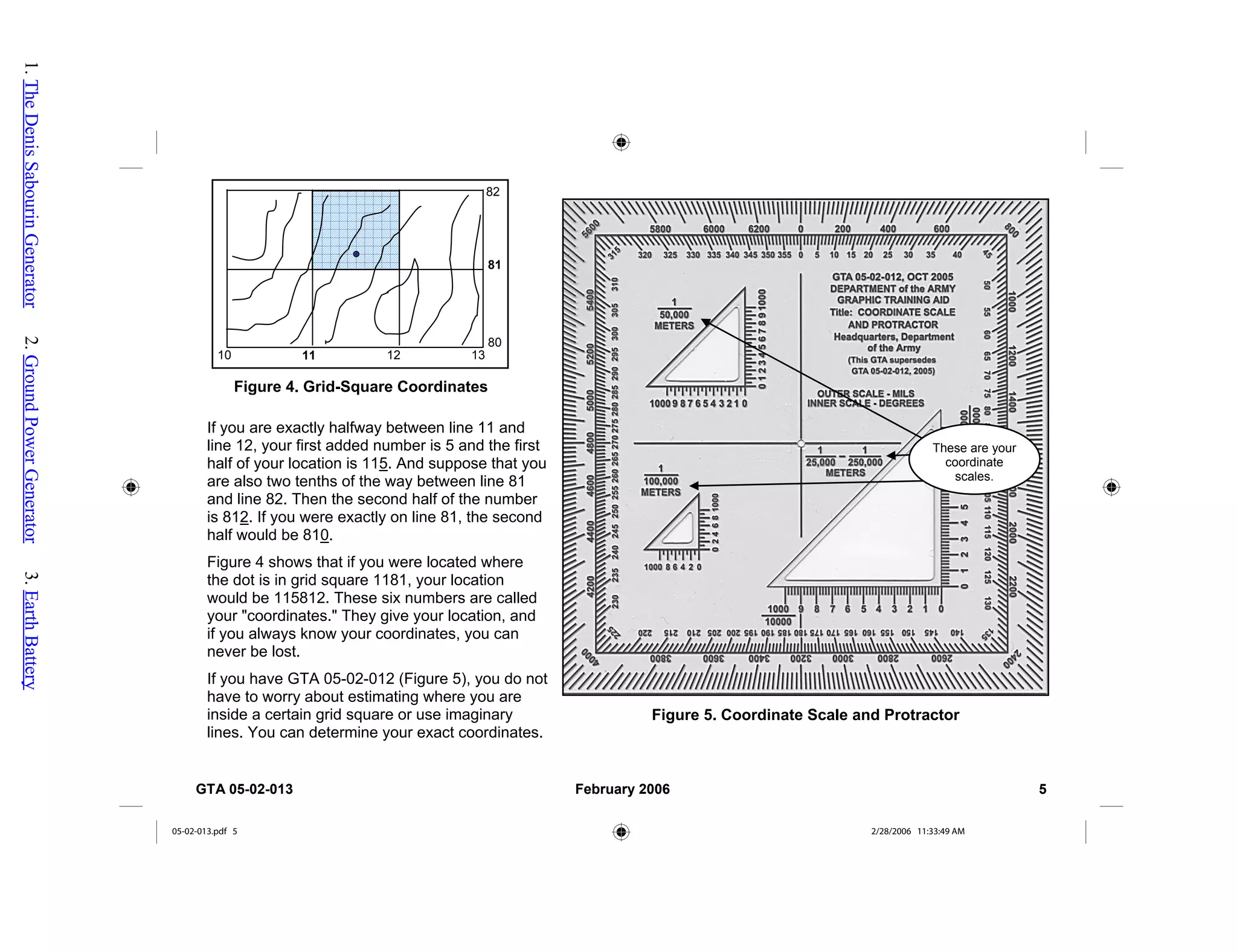 11 12
10
81
13
82
80
Figure 4. Grid-Square Coordinates
Figure 5. Coordinate Scale and Protractor
These are your
coordinate
scales.
If you are exactly halfway between line 11 and
line 12, your first added number is 5 and the first
half of your location is 115. And suppose that you
are also two tenths of the way between line 81
and line 82. Then the second half of the number
is 812. If you were exactly on line 81, the second
half would be 810.
Figure 4 shows that if you were located where
the dot is in grid square 1181, your location
would be 115812. These six numbers are called
your "coordinates." They give your location, and
if you always know your coordinates, you can
never be lost.
If you have GTA 05-02-012 (Figure 5), you do not
have to worry about estimating where you are
inside a certain grid square or use imaginary
lines. You can determine your exact coordinates.
GTA 05-02-013 February 2006 5
05-02-013.pdf 5 2/28/2006 11:33:49 AM
1.
The
Denis
Sabourin
Generator
2.
Ground
Power
Generator
3.
Earth
Battery
 