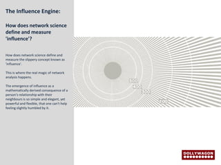 The Influence Engine:

How does network science
define and measure
'influence'?

How does network science define and
measure the slippery concept known as
'influence'.

This is where the real magic of network
analysis happens.

The emergence of influence as a
mathematically derived consequence of a
person's relationship with their
neighbours is so simple and elegant, yet
powerful and flexible, that one can't help
feeling slightly humbled by it.
 