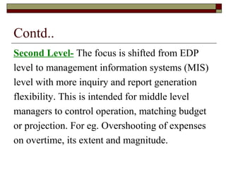 Contd..
Second Level- The focus is shifted from EDP
level to management information systems (MIS)
level with more inquiry and report generation
flexibility. This is intended for middle level
managers to control operation, matching budget
or projection. For eg. Overshooting of expenses
on overtime, its extent and magnitude.
 