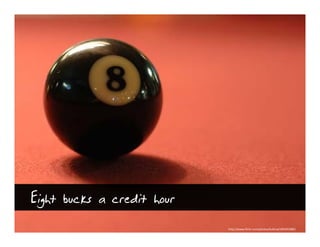 Eight bucks a credit hour
                            http://www.flickr.com/photos/kubina/185491080/
 