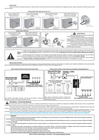 Para maiores informações consulte o site www.sodramar.com.br
Este componente deve ser instalado em série com o disjuntor do transformador. Trata-se de um dispositivo de segurança e proteção contra choques e danos no equipamento,
provenientes de corrente de fuga e aterramento inadequado. Este acessório deve ser adquirido separadamente.
A função do disjuntor residual de segurança, é desativar automaticamente o refletor sempre que existir uma corrente de fuga no circuito elétrico. Quando isto ocorrer, faça uma
revisão na sua instalação elétrica, verifique se o aterramento está correto, assim como, se os cabos e as conexões estão em perfeito estado.
Este DR deve ser de alta sensibilidade (corrente diferencial - residual / nominal não superior a 30mA. Sua não instalação implicará na perda de garantia do produto. O módulo
de comando, bem como, todos os componentes que fazem parte da instalação elétrica devem ser instalados em local arejado e protegidos de umidade, chuva e respingos d’água.
A NÃO UTILIZAÇÃO DESTE DISPOSITIVO PODE OCASIONAR CHOQUE NO CONTATO COM A ÁGUA, QUE PODE SER FATAL PARA ADULTOS E CRIANÇAS.
SEGURANÇA - DISJUNTOR RESIDUAL
ASodramarasseguraagarantiacontraqualquerdefeitodematerialoudefabricaçãoqueoprodutoapresentarnoperíodode12mesescontadosapartirdadatadeaquisição,devidamente
comprovada através da nota fiscal emitida pelo nosso distribuidor.
Durante o período de vigência desta garantia, comprometemo-nos a trocar ou consertar gratuitamente as peças defeituosas, quando o seu exame técnico revelar a existência de defeitos
de material ou fabricação.
Para o cumprimento desta garantia, este produto deverá ser colocado na fábrica ou no revendedor mais próximo, correndo por conta do comprador as despesas inerentes de transporte,
embalagem e seguro.
Esta garantia não se aplica a quaisquer peças ou acessórios danificados por inundações, incêndios, componentes impróprios na instalação, ou ainda, casos imprevisíveis ou inevitáveis.
Esta garantia também fica nula e sem efeito algum, caso este produto seja entregue para conserto a pessoas não autorizadas.
Não nos responsabilizamos por danos ocorridos a este produto durante o transporte.
Reservamo-nos o direito de promover alterações no produto sem prévio aviso ao usuário.
Esta garantia somente será válida mediante a apresentação da nota fiscal de compra emitida contra o comprador inicial.
INSTALAÇÃO
Indepente do tipo de construção da piscina, o reflenor plano foi desenvolvido para oferecer-lhe praticidade na instalação, para isso, siga as instruções e advertências para cada
tipo de situação.
Deixe um pedaço de tubo
excedente suficiente para o
término da alvenaria
Com a alvenaria totalmente
acabada, recorte o tubo rente
a parede
Introduza a bucha de encaixe
com a gravação (T) no interior
do tubo
Instale o refletor encaixando o
êmbolo na luva, enrole o cabo
excedente para manutenção
Introduza a bucha de encaixe
com a gravação (D) no interior
do dispositivo (DA).
Instale o refletor encaixando o
êmbolo na luva, enrole o cabo
excedente para manutenção
INSTALAÇÃO COM TUBO DE PVC (Ø1 1/2”)
INSTALAÇÃO COM (DA)
- O refletor pode ser instalado em dispositivos de aspiração sem inserto de latão, porém, será necessário abrir o Øinterno do acessório com uma serra copo
Ø40mm ou desbaste com lima meia cana até atingir o dimensional de encaixe do refletor, os dispositivos com rosca em latão já estão preparados para receber o
refletor.
- O projeto para encaixe em tubos de PVC foi baseado nas dimensões médias encontradas no mercado, porém é importante que haja uma análise
prévia do tubo para certificar-se que o diâmetro interno está enquadrado dentro da variação máxima e mínima da tabela (Ø43.2 - Ø44.0).
- No ato da instalação o refletor pode apresentar uma interferência que dificulte sua introdução no tubo ou dispositivo, nestes casos, basta desbastar
aos poucos o interior do tubo ou o êmbolo de encaixe do refletor com uma lixa fina (180), para suavizar a interferência de encaixe.
INSTALAÇÃO ELÉTRICA
A INSTALAÇÃO ELÉTRICA DOS REFLETORES PLANOS (L61) DEVE SER REALIZADA DE ACORDO COM O MODELO DO MÓDULO DE COMANDO ADQUIRIDO, ESTAS INSTRUÇÕES
SÃO DIVULGADAS NO MANUAL DE INSTALAÇÃO QUE ACOMPANHA O MÓDULO OU PELO SITE (www.sodramar.com.br)
DesencaixeorefletorplanoL61do(tubo)ou(DA)afastando
suavemente o acabamento frontal da parede.
Em seguida, desencaixe o bloco selado do acabamento
frontal, girando-o no sentido anti-horário. Se for necessário
visualização, apoie o bloco na borda piscina ou desconecte o cabo
dacaixadepassagemremovendo todoconjuntoparasubstituição.
Utilize um passa cabo para instalar o novo refletor,
executando o mesmo procedimento de instalçao do produto.
O refletor plano L61 trata-se de um bloco selado, e não
possibilita troca de placa. Em caso de queima ou infiltração,
todo bloco deverá ser substituido.
MANUTENÇÃO
INSTALAÇÃO ELÉTRICA COM LEDS DA LINHA POOL INSTALAÇÃO ELÉTRICA COM LEDS DA LINHA MIXER E MONOCROMÁTICO
Para maiores informações consulte o manual que acompanha o módulo de
comando ou acesse o site (www.sodramar.com.br).
Para maiores informações consulte o manual que
acompanha o módulo de comando ou acesse o site
(www.sodramar.com.br).
GARANTIA
 