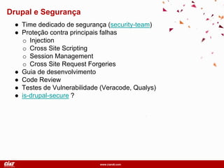 www.ciandt.com
Drupal e Segurança
● Time dedicado de segurança (security-team)
● Proteção contra principais falhas
o Injection
o Cross Site Scripting
o Session Management
o Cross Site Request Forgeries
● Guia de desenvolvimento
● Code Review
● Testes de Vulnerabilidade (Veracode, Qualys)
● is-drupal-secure ?
 