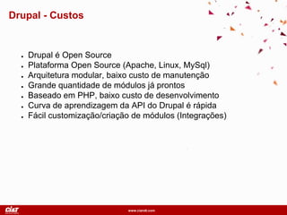 www.ciandt.com
Drupal - Custos
● Drupal é Open Source
● Plataforma Open Source (Apache, Linux, MySql)
● Arquitetura modular, baixo custo de manutenção
● Grande quantidade de módulos já prontos
● Baseado em PHP, baixo custo de desenvolvimento
● Curva de aprendizagem da API do Drupal é rápida
● Fácil customização/criação de módulos (Integrações)
 
