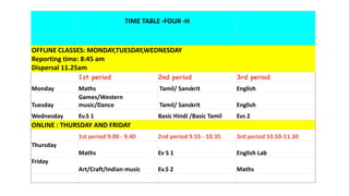 TIME TABLE -FOUR -H
OFFLINE CLASSES: MONDAY,TUESDAY,WEDNESDAY
Reporting time: 8:45 am
Dispersal 11.25am
1st period 2nd period 3rd period
Monday Maths Tamil/ Sanskrit English
Tuesday
Games/Western
music/Dance Tamil/ Sanskrit English
Wednesday Ev.S 1 Basic Hindi /Basic Tamil Evs 2
ONLINE : THURSDAY AND FRIDAY
1st period 9.00 - 9.40 2nd period 9.55 - 10.35 3rd period 10.50-11.30
Thursday
Maths Ev S 1 English Lab
Friday
Art/Craft/Indian music Ev.S 2 Maths
 