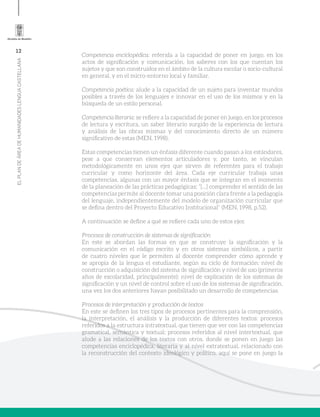 12
ELPLANDEÁREADEHUMANIDADESLENGUACASTELLANA
Competencia enciclopédica: referida a la capacidad de poner en juego, en los
actos de significación y comunicación, los saberes con los que cuentan los
sujetos y que son construidos en el ámbito de la cultura escolar o socio-cultural
en general, y en el micro-entorno local y familiar.
Competencia poética: alude a la capacidad de un sujeto para inventar mundos
posibles a través de los lenguajes e innovar en el uso de los mismos y en la
búsqueda de un estilo personal.
Competencia literaria: se refiere a la capacidad de poner en juego, en los procesos
de lectura y escritura, un saber literario surgido de la experiencia de lectura
y análisis de las obras mismas y del conocimiento directo de un número
significativo de estas (MEN, 1998).
Estas competencias tienen un énfasis diferente cuando pasan a los estándares,
pese a que conservan elementos articuladores y, por tanto, se vinculan
metodológicamente en unos ejes que sirven de referentes para el trabajo
curricular y como horizonte del área. Cada eje curricular trabaja unas
competencias, algunas con un mayor énfasis que se integran en el momento
de la planeación de las prácticas pedagógicas; “[…] comprender el sentido de las
competencias permite al docente tomar una posición clara frente a la pedagogía
del lenguaje, independientemente del modelo de organización curricular que
se defina dentro del Proyecto Educativo Institucional” (MEN, 1998, p.52).
A continuación se define a qué se refiere cada uno de estos ejes:
Procesos de construcción de sistemas de significación
En este se abordan las formas en que se construye la significación y la
comunicación en el código escrito y en otros sistemas simbólicos, a partir
de cuatro niveles que le permiten al docente comprender cómo aprende y
se apropia de la lengua el estudiante, según su ciclo de formación: nivel de
construcción o adquisición del sistema de significación y nivel de uso (primeros
años de escolaridad, principalmente); nivel de explicación de los sistemas de
significación y un nivel de control sobre el uso de los sistemas de significación,
una vez los dos anteriores hayan posibilitado un desarrollo de competencias.
Procesos de interpretación y producción de textos
En este se definen los tres tipos de procesos pertinentes para la comprensión,
la interpretación, el análisis y la producción de diferentes textos: procesos
referidos a la estructura intratextual, que tienen que ver con las competencias
gramatical, semántica y textual; procesos referidos al nivel intertextual, que
alude a las relaciones de los textos con otros, donde se ponen en juego las
competencias enciclopédica, literaria y al nivel extratextual, relacionado con
la reconstrucción del contexto ideológico y político, aquí se pone en juego la
 