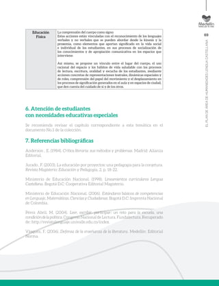 69
ELPLANDEÁREADEHUMANIDADESLENGUACASTELLANA
6. Atención de estudiantes
con necesidades educativas especiales
Se recomienda revisar el capítulo correspondiente a esta temática en el
documento No.1 de la colección.
7. Referencias bibliográficas
Anderson , E. (1984). Crítica literaria: sus métodos y problemas. Madrid: Alianza
Editorial.
Jurado , F. (2003). La educación por proyectos: una pedagogía para la conjetura.
Revista Magisterio: Educación y Pedagogía, 2, p. 18-22.
Ministerio de Educación Nacional. (1998). Lineamientos curriculares Lengua
Castellana. Bogotá D.C: Cooperativa Editorial Magisterio.
Ministerio de Educación Nacional. (2006). Estándares básicos de competencias
en Lenguaje, Matemáticas, Ciencias y Ciudadanas. Bogotá D.C: Imprenta Nacional
de Colombia.
Pérez Abril, M. (2004). Leer, escribir, participar: un reto para la escuela, una
condicióndelapolítica.CongresoNacionaldeLectura.Fundalectura.Recuperado
de: http://revistalenguaje.univalle.edu.co/index.
Vásquez, F. (2006). Defensa de la enseñanza de la literatura. Medellín: Editorial
Norma.
Educación
Física
La comprensión del cuerpo como signo:
Estas acciones están vinculadas con el reconocimiento de los lenguajes
verbales y no verbales que se pueden abordar desde la kinesis y la
proxemia, como elementos que aportan significado en la vida social
e individual de los estudiantes, en sus procesos de socialización de
los conocimientos y de apropiación comunicativa en los espacios que
interviene.
Así mismo, se propone un vínculo entre el lugar del cuerpo, el uso
racional del espacio y los hábitos de vida saludable con los procesos
de lectura, escritura, oralidad y escucha de los estudiantes, mediante
acciones concretas de representaciones teatrales, dinámicas espaciales y
de roles, comprensión del papel del movimiento y el desplazamiento en
los procesos de significación generados en el aula y en espacios de ciudad,
que den cuenta del cuidado de sí y de los otros.
 