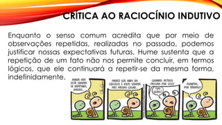 CRÍTICA AO RACIOCÍNIO INDUTIVO
Enquanto o senso comum acredita que por meio de
observações repetidas, realizadas no passado, podemos
justificar nossas expectativas futuras, Hume sustenta que a
repetição de um fato não nos permite concluir, em termos
lógicos, que ele continuará a repetir-se da mesma forma,
indefinidamente.
 