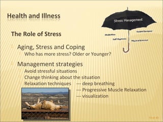 The Role of Stress
   Aging, Stress and Coping
       Who has more stress? Older or Younger?
   Management strategies
       Avoid stressful situations
       Change thinking about the situation
       Relaxation techniques --- deep breathing
                                  --- Progressive Muscle Relaxation
                                  --- visualization



                                                                      19 of 40
 