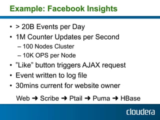 Example: Facebook Insights

• > 20B Events per Day
• 1M Counter Updates per Second
  – 100 Nodes Cluster
  – 10K OPS per N...