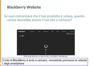 Blackberry Website
Se vuoi comunicare che il tuo prodotto è veloce, quanto
veloce dovrebbe essere il tuo sito a caricarsi?
Il sito di BlackBerry è lento a caricarsi, nonostante promuova la velocità
degli smartphone
 