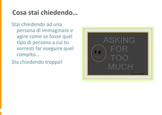 Cosa stai chiedendo…
Stai chiedendo ad una
persona di immaginare e
agire come se fosse quel
tipo di persona a cui tu
vorresti far eseguire quel
compito…
Sta chiedendo troppo!
 