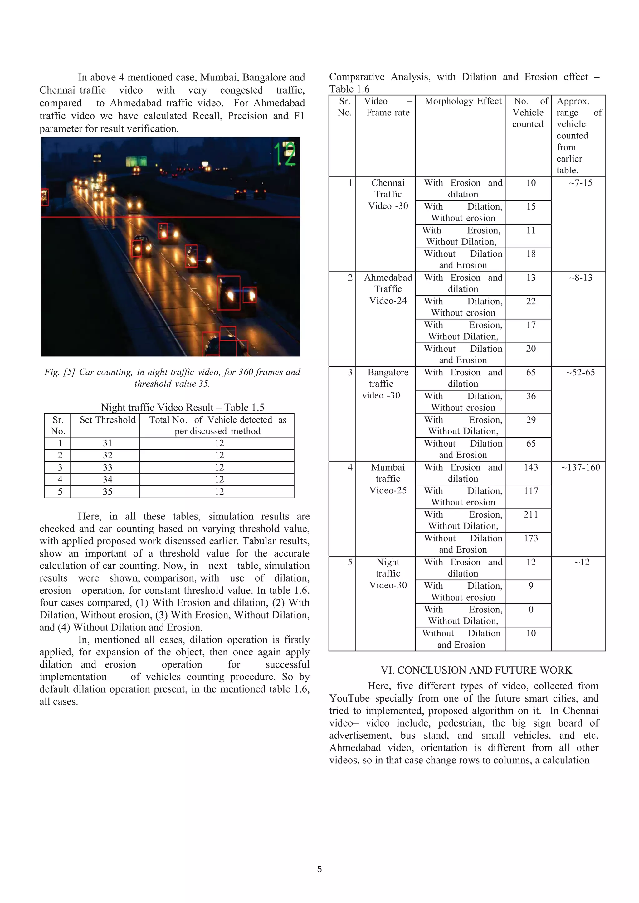 In above 4 mentioned case, Mumbai, Bangalore and
Chennai traffic video with very congested traffic,
compared to Ahmedabad traffic video. For Ahmedabad
traffic video we have calculated Recall, Precision and F1
parameter for result verification.
Fig. [5] Car counting, in night traffic video, for 360 frames and
threshold value 35.
Night traffic Video Result – Table 1.5
Sr.
No.
Set Threshold Total No. of Vehicle detected as
per discussed method
1 31 12
2 32 12
3 33 12
4 34 12
5 35 12
Here, in all these tables, simulation results are
checked and car counting based on varying threshold value,
with applied proposed work discussed earlier. Tabular results,
show an important of a threshold value for the accurate
calculation of car counting. Now, in next table, simulation
results were shown, comparison, with use of dilation,
erosion operation, for constant threshold value. In table 1.6,
four cases compared, (1) With Erosion and dilation, (2) With
Dilation, Without erosion, (3) With Erosion, Without Dilation,
and (4) Without Dilation and Erosion.
In, mentioned all cases, dilation operation is firstly
applied, for expansion of the object, then once again apply
dilation and erosion operation for successful
implementation of vehicles counting procedure. So by
default dilation operation present, in the mentioned table 1.6,
all cases.
Comparative Analysis, with Dilation and Erosion effect –
Table 1.6
Sr.
No.
Video –
Frame rate
Morphology Effect No. of
Vehicle
counted
Approx.
range of
vehicle
counted
from
earlier
table.
1 Chennai
Traffic
Video -30
With Erosion and
dilation
10 ~7-15
With Dilation,
Without erosion
15
With Erosion,
Without Dilation,
11
Without Dilation
and Erosion
18
2 Ahmedabad
Traffic
Video-24
With Erosion and
dilation
13 ~8-13
With Dilation,
Without erosion
22
With Erosion,
Without Dilation,
17
Without Dilation
and Erosion
20
3 Bangalore
traffic
video -30
With Erosion and
dilation
65 ~52-65
With Dilation,
Without erosion
36
With Erosion,
Without Dilation,
29
Without Dilation
and Erosion
65
4 Mumbai
traffic
Video-25
With Erosion and
dilation
143 ~137-160
With Dilation,
Without erosion
117
With Erosion,
Without Dilation,
211
Without Dilation
and Erosion
173
5 Night
traffic
Video-30
With Erosion and
dilation
12 ~12
With Dilation,
Without erosion
9
With Erosion,
Without Dilation,
0
Without Dilation
and Erosion
10
VI. CONCLUSION AND FUTURE WORK
Here, five different types of video, collected from
YouTube–specially from one of the future smart cities, and
tried to implemented, proposed algorithm on it. In Chennai
video– video include, pedestrian, the big sign board of
advertisement, bus stand, and small vehicles, and etc.
Ahmedabad video, orientation is different from all other
videos, so in that case change rows to columns, a calculation
5
 