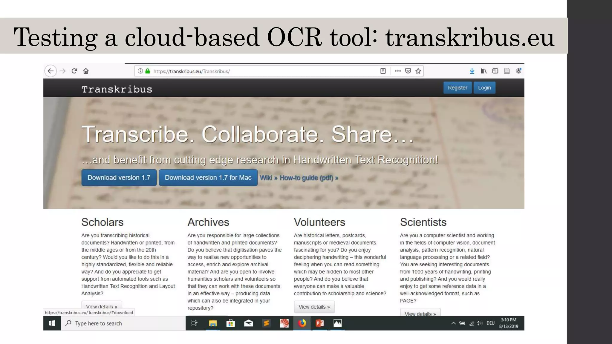 Testing a cloud-based OCR tool: transkribus.eu
 