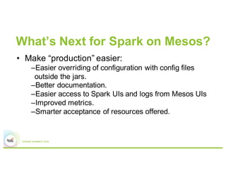 What’s Next for Spark on Mesos?
• Make “production” easier:
–Easier overriding of configuration with config files
outside ...