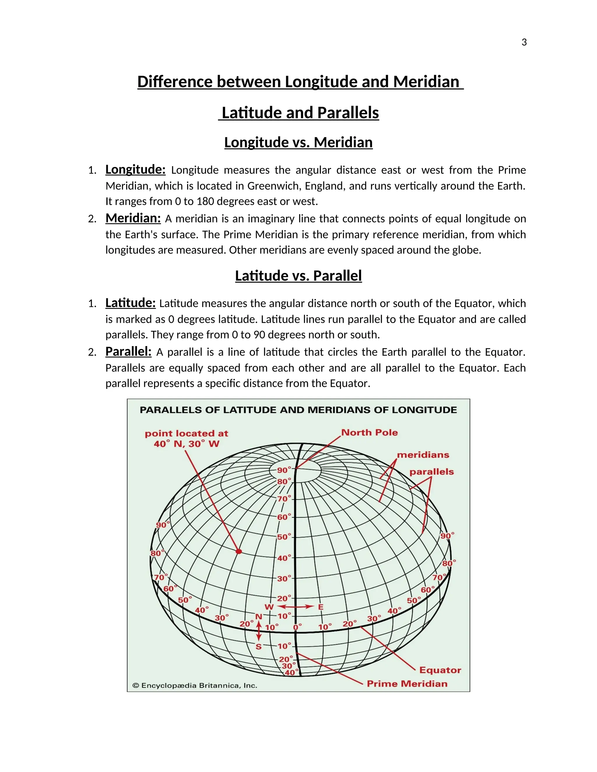 3
Difference between Longitude and Meridian
Latitude and Parallels
Longitude vs. Meridian
1. Longitude: Longitude measures the angular distance east or west from the Prime
Meridian, which is located in Greenwich, England, and runs vertically around the Earth.
It ranges from 0 to 180 degrees east or west.
2. Meridian: A meridian is an imaginary line that connects points of equal longitude on
the Earth's surface. The Prime Meridian is the primary reference meridian, from which
longitudes are measured. Other meridians are evenly spaced around the globe.
Latitude vs. Parallel
1. Latitude: Latitude measures the angular distance north or south of the Equator, which
is marked as 0 degrees latitude. Latitude lines run parallel to the Equator and are called
parallels. They range from 0 to 90 degrees north or south.
2. Parallel: A parallel is a line of latitude that circles the Earth parallel to the Equator.
Parallels are equally spaced from each other and are all parallel to the Equator. Each
parallel represents a specific distance from the Equator.
 