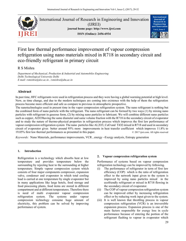 First law thermal performance improvement of vapour compression