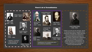 Pinero's de la Termodinámica
Lograron, La primera
y segunda leyes de
la termodinámica
Henri Hess
(1802 – 1850)
William Rankine
(1820 – 1872)
Rudolf Clausius
(1822 – 1888)
William Thomson
(1824- 1907)
James Prescott
Joule
(1818 – 1889)
Josiah Willard Gibbs
(1839- 1903)
Publicó una serie de tres artículos, siendo
la más famosa Sobre el equilibrio de las
sustancias heterogéneas. Gibbs demostró
cómo los procesos termodinámicos,
incluyendo reacciones químicas, se
podrían analizar gráficamente. Mediante el
estudio de la energía, la entropía,
potencial químico, la temperatura y la
presión del sistema termodinámico, se
puede determinar si un proceso se
produce espontáneamente.
Establecieron los fundamentos de la
termodinámica estadística
Josiah Willard
Gibbs
(1839- 1903)
James Clerk
Maxwell
(1831 – 1879)
Ludwig Boltzmann
(1844 – 1906)
Max Planck
(1858 – 1947)
Rudolf Clausius
(1822 – 1888)
Johannes Van
der Waals
(1837 – 1923)
 