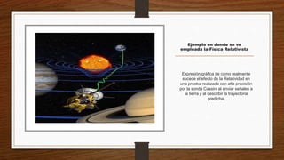 Ejemplo en donde se ve
empleada la Física Relativista
Expresión gráfica de como realmente
sucede el efecto de la Relatividad en
una prueba realizada con alta precisión
por la sonda Cassini al enviar señales a
la tierra y al describir la trayectoria
predicha.
 