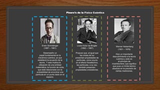 Pinero's de la Física Cuántica
Louis-Victor de Broglie
(1892 – 1987)
Propuso que, al igual que
las ondas de luz
presentan propiedades de
partículas, como ocurre
en el efecto fotoeléctrico,
las partículas, a su vez,
también presentan
propiedades ondulatorias.
Erwin Schrödinger
(1887 – 1961)
Desempeño un
papel fundamental en la
mecánica cuántica, ya que
estableció la ecuación de la
teoría; Y esta implica la
utilización de una entidad
matemática, la función de onda,
que está relacionada con la
probabilidad de encontrar una
partícula en un punto dado en el
espacio.
Werner Heisenberg
(1901 – 1976)
Hizo un importante
descubrimiento a la teoría
cuántica y este es
el principio de
incertidumbre; que significo
que puso un límite teórico
absoluto en la precisión de
ciertas mediciones.
 