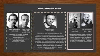 Pinero's de la Física Nuclear
Obtuvieron los primeros nucleidos
radiactivos artificiales
bombardeando boro
y aluminio con partículas α para formar
isótopos radiactivos
de nitrógeno y fósforo.
Irène Joliot-Curie
(1897 - 1956)
Jean Frédéric
Joliot-Curie
(1900 – 1958)
James Chadwick
(1891 – 1974)
Realizó una serie de experimentos con una
radiactividad especial que definió en términos de
corpúsculos, o partículas que formaban esa radiación.
Esta nueva radiación no tenía carga eléctrica y poseía
una masa casi idéntica a la del protón. Inicialmente se
postuló que fuera resultado de la unión de un protón y
un electrón formando una especie de dipolo eléctrico.
Posteriores experimentos descartaron esta idea
llegando a la conclusión de que era una nueva
partícula procedente del núcleo a la que se
llamó neutrones.
Otto Hahn
(1879 –1968)
Fritz Strassmann
(1902 – 1980)
Descubrieron la fisión nuclear. Cuando se
irradia uranio con neutrones, algunos
núcleos se dividen en dos núcleos con
números atómicos. La fisión libera una
cantidad enorme de energía y se utiliza
en armas y reactores de fisión nuclear.
 