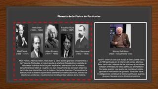 Pinero's de la Física de Partículas
Max Planck, Albert Einstein, Niels Bohr y otros dieron grandes fundamentos a
la Física de Partículas; el más importante el efecto fotoeléctrico mostraba la
naturaleza cuántica de la luz para explicar su interacción con la materia,
denominándose fotón al «cuanto» de luz. Actualmente se conocen otras tres
partículas que interactúan con la materia, llamadas bosones. Para explicar la
estructura de la materia aparecieron diferentes modelos atómicos, siendo los
electrones, protones y neutrones los constituyentes básicos de la materia.
Aportó orden al caos que surgió al descubrirse cerca
de 100 partículas en el interior del núcleo atómico.
Esas partículas, además de los protones y neutrones,
estaban formadas por otras partículas elementales
llamadas quarks. Los quarks se mantienen unidos
gracias al intercambio de gluones. Junto con otros
investigadores construyó la teoría cuántica de quarks y
gluones, llamada cromo dinámica cuántica.
Albert Einstein
(1879 – 1955)
Niels Bohr
(1885 – 1962)
Max Planck
(1858 – 1947)
Friedrich Hund
(1896 – 1997)
Henri Becquerel
(1852 – 1908)
Murray Gell-Mann
(1929 – Actualmente Vive)
 