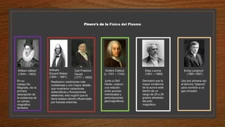 Pinero's de la Física del Plasma
William Gilbert
(1544 – 1603)
En su
trabajo De
Magnete, dio la
primera
descripción de
la existencia de
un campo
magnético
terrestre.
Wilhelm
Eduard Weber
(1804 – 1891)
Carl Friedrich
Gauss
(1777 – 1855)
Realizaron mediciones más
cuidadosas y con mayor detalle,
que mostraron variaciones
sistemáticas y fluctuaciones
aleatorias, esto sugirió que la
tierra estaba siendo influenciada
por fuerzas externas.
Anders Celsius
(c. 1701 – 1744)
Junto a Olof
Herter, notaron
una relación
entre auroras
individuales y
perturbaciones
geomagnéticas.
Elias Loomis
(1851 – 1889)
Uso por primera vez
el término "plasma"
para nombrar a un
gas ionizado
Irving Langmuir
(1881-1957)
Demostró que la
mayor incidencia
de la aurora está
dentro de un
rango de 20 a 25
grados alrededor
del polo
magnético.
 