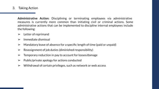3. Taking Action
Administrative Action: Disciplining or terminating employees via administrative
measures is currently more common than initiating civil or criminal actions. Some
administrative actions that can be implemented to discipline internal employees include
the following:
➢ Letter of reprimand
➢ Immediate dismissal
➢ Mandatory leave of absence for a speciﬁc length of time (paid or unpaid)
➢ Reassignment of job duties (diminished responsibility)
➢ Temporary reduction in pay to account for losses/damage
➢ Public/private apology for actions conducted
➢ Withdrawal of certain privileges, such as network or web access
 